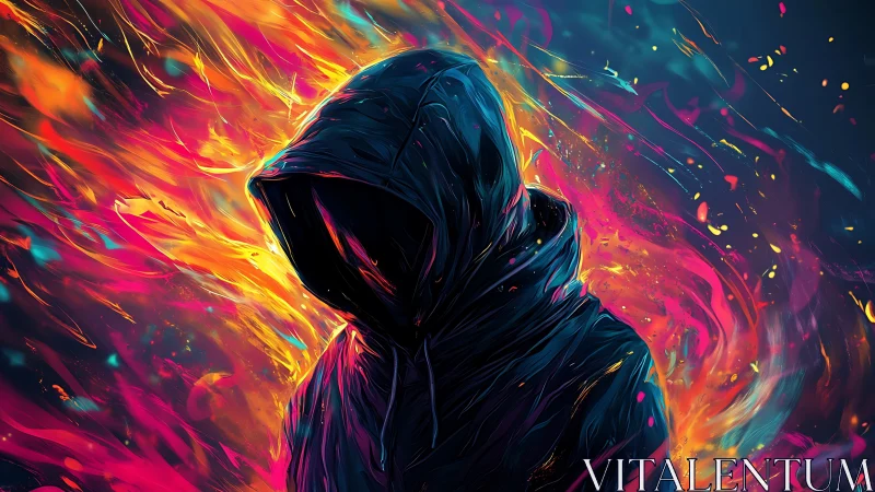Hooded figure in dark cloak amid vivid swirling flames.