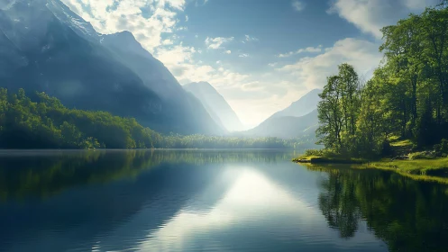 Morning calm over misty mountains and glassy forest lake.