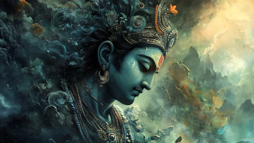 Digital painting of serene blue deity in ornate celestial landscape.