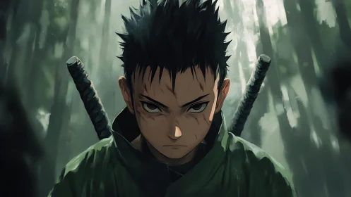 Storm-eyed young swordsman stalks the misted forest path.