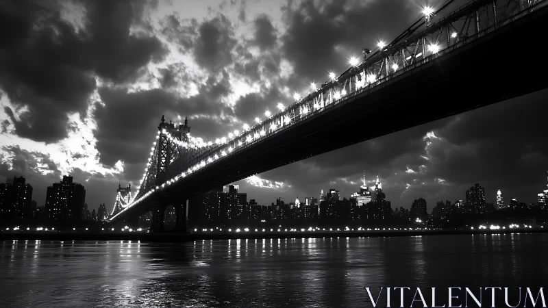 Monochrome suspension bridge over nocturnal skyline study.