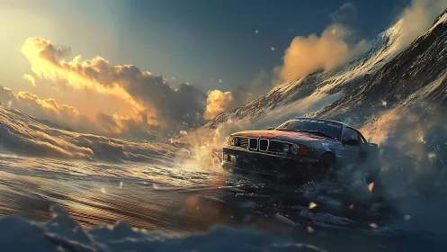 Rally car traversing shallow surf beside steep coastal ridge.