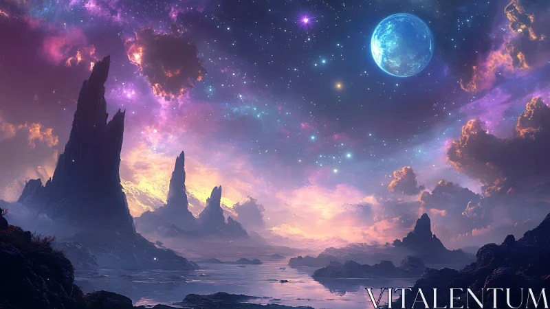 Dreamlit alien shoreline under a galaxy of soft starlight.