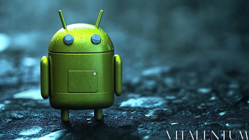 Green robot mascot model stands on wet reflective ground