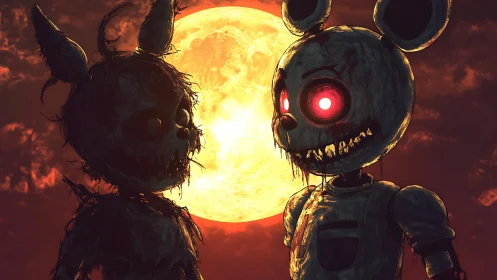 Haunted animatronic rabbits confront each other under blood moon