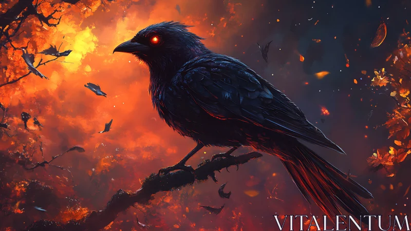 Black crow with glowing eyes perched against fiery sky