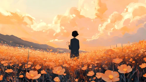 Solitary figure in glowing wildflower field at dusk.