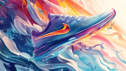 Color-splashed running shoe floats through liquid light waves