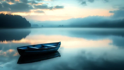 Rowboat rests on still misty lake under soft sunrise light