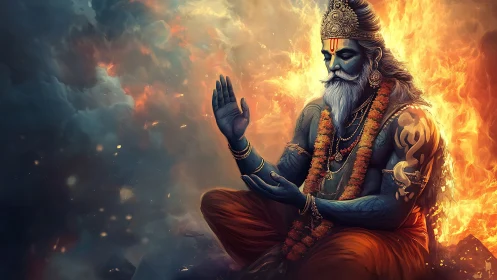 Divine blue sage in meditative firelit cosmic environment.