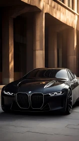 Black BMW sedan on city street with modern architecture.