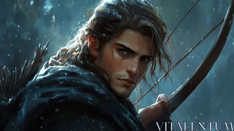 Brooding fantasy archer in snow with drawn bowstring.