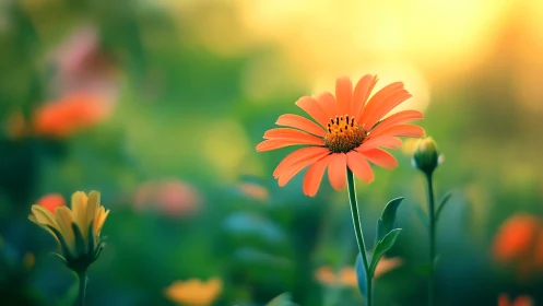 Gerbera Daisy in Shallow Focus: Vivid Orange Petals Against Verdant Background