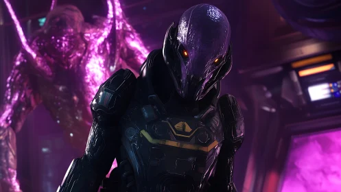 Cyberpunk alien operative in luminous bio-tech command bay.