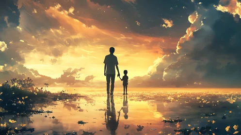 Silhouetted parent and child under glowing sunset sky.