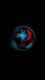 Chromed circular emblem with blue cross and red swoosh lighting