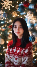 Young woman in patterned sweater before lit tree.
