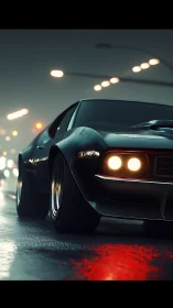 Nocturnal muscle coupe under cinematic wet-street bokeh.