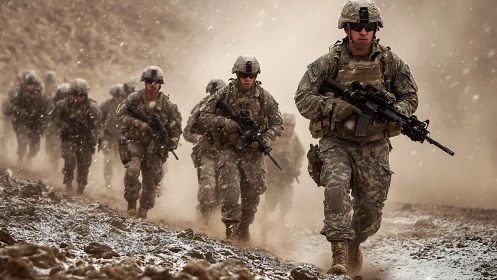 Infantry unit advancing through muddy, snow-dusted terrain.