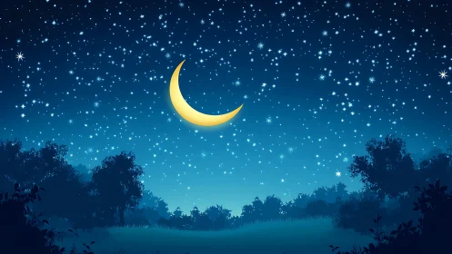 Stylized crescent moon over silhouetted forest in gradient night sky