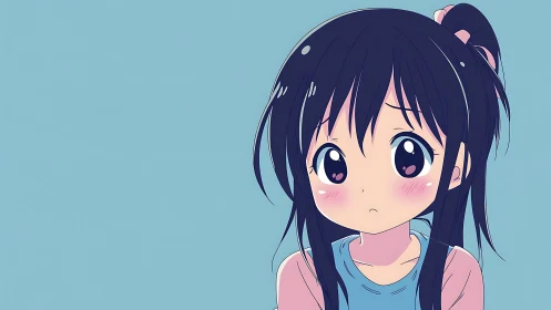 Anime portrait of shy girl with blue background, flat shading
