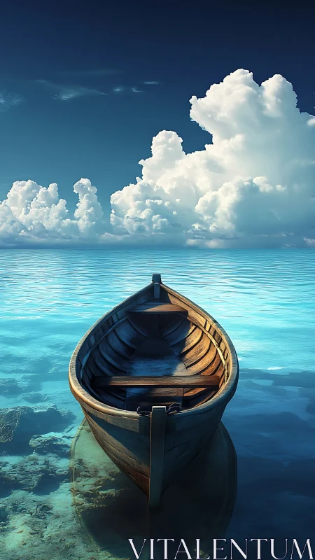 Solitary wooden rowboat rests on crystal-clear azure sea.