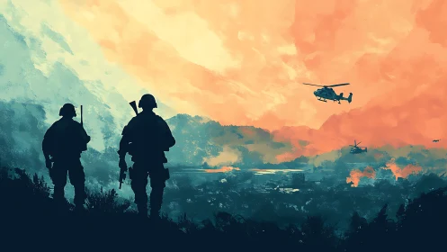 Military patrol silhouettes observing helicopters over valley.