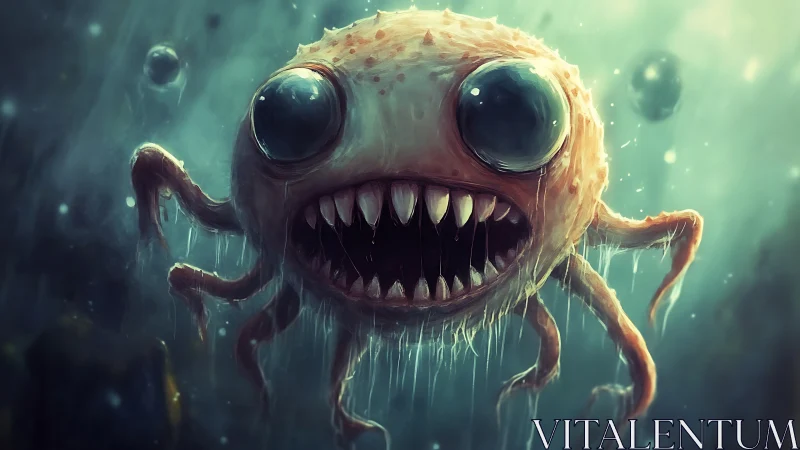 Toothy deep sea monster with tentacles and huge eyes.