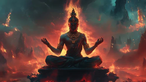 Seated figure in flames within volcanic landscape at dusk.