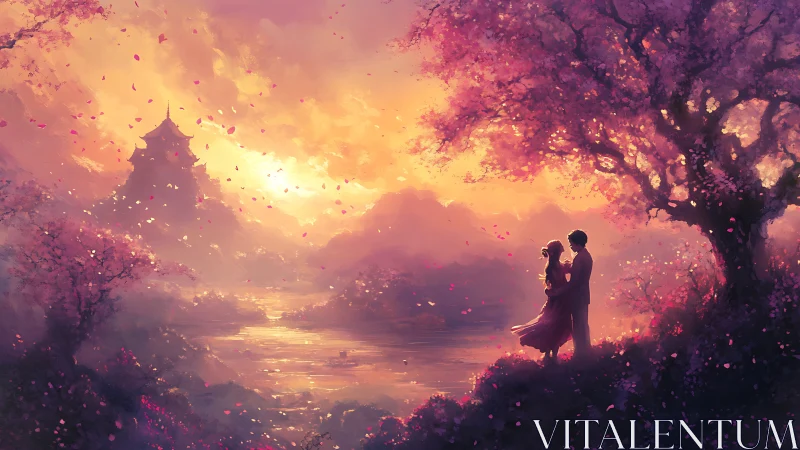 Lovers stand beneath cherry blossoms at a glowing sunset river