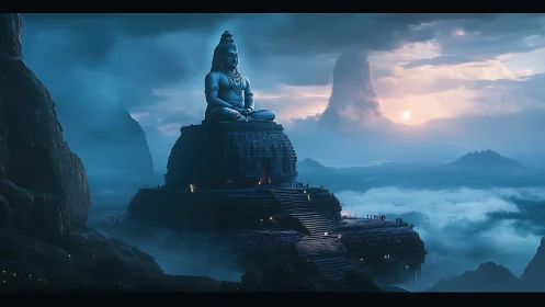 Mountain temple with colossal seated deity above clouds.