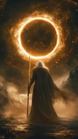 Lone mage beneath blazing celestial ring portal.