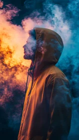 Hooded figure in dual-toned smoke, cinematic side profile.