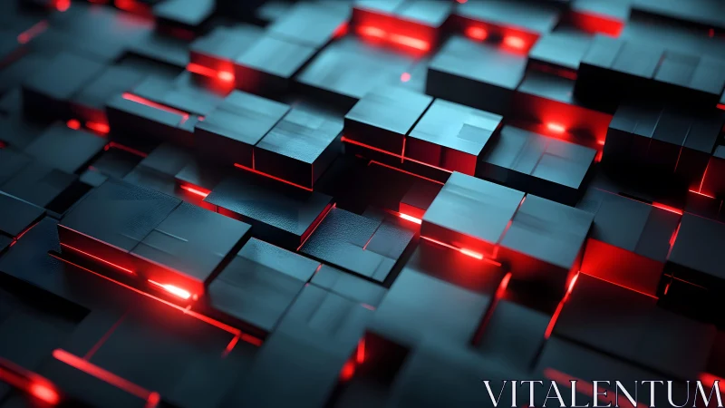 Futuristic black cubes with glowing red highlights, digital art style.
