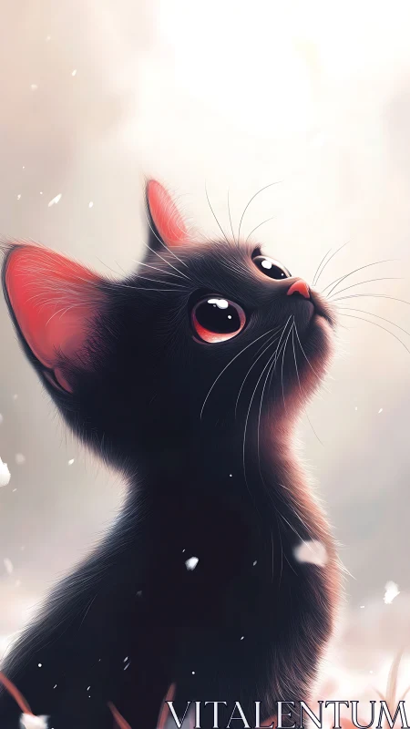 Black cat gazing upward with striking coral eyes and ethereal lighting