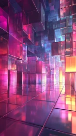 Chromatic glass cube corridor in luminous neon perspective.