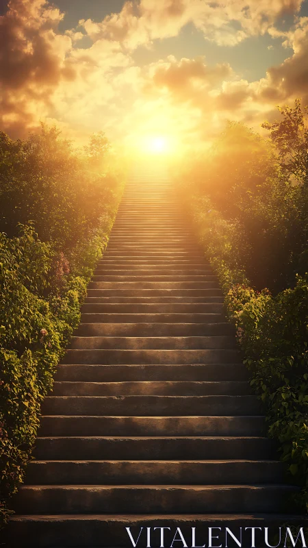 Sunlit garden staircase leading toward a glowing horizon.