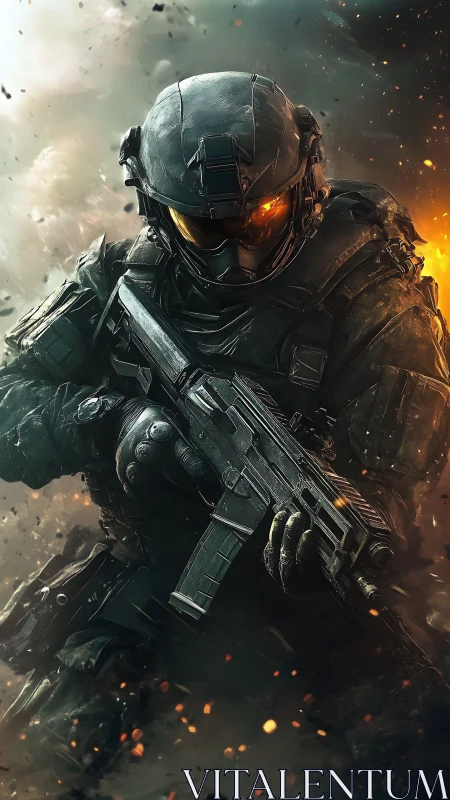 Tactical exosuit soldier in dynamic battlefield composition.