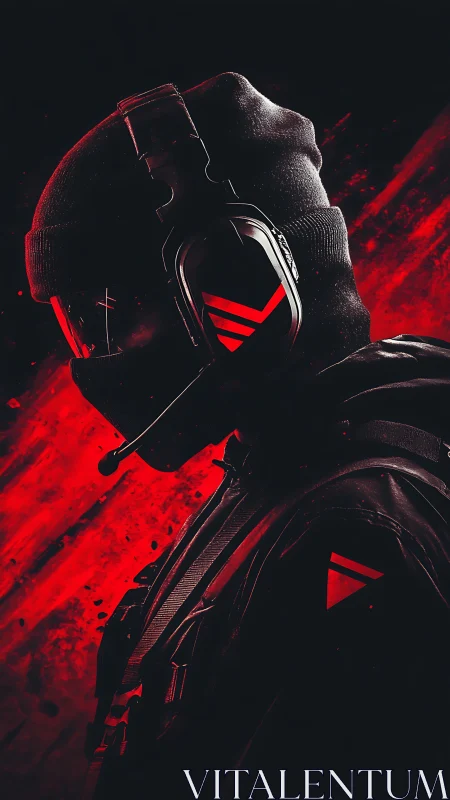 Tactical gamer silhouette with red headset accents profile.