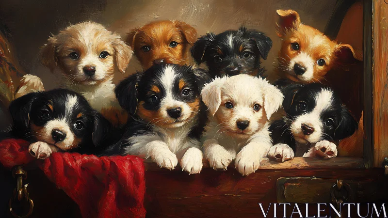 Group of eight puppies posed together inside a wooden box