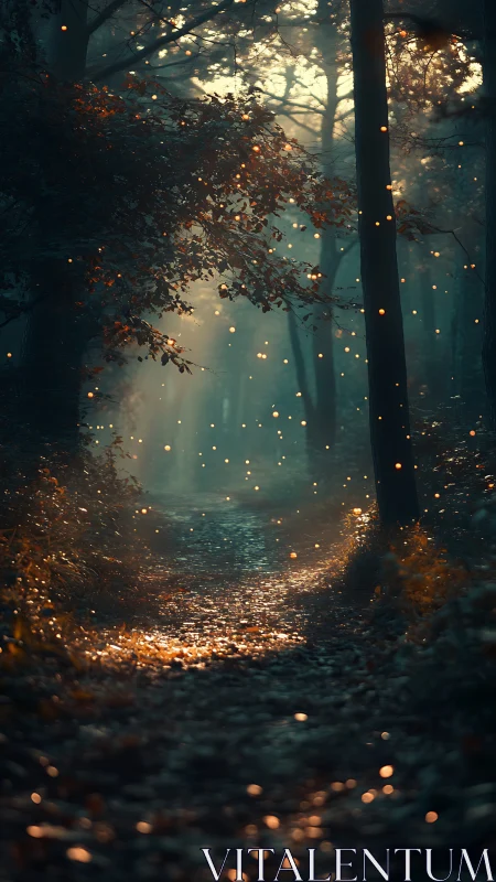 Fireflies quietly rewrite the dusk along a secret forest path