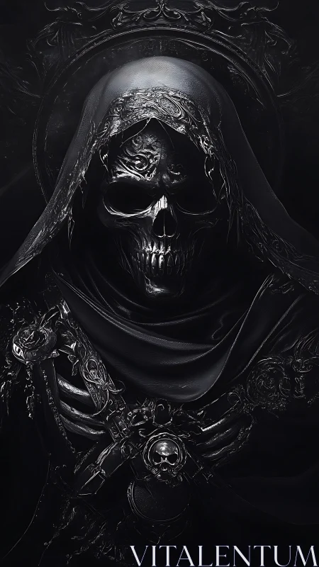 Baroque skeletal reaper in ornate monochrome digital rendering