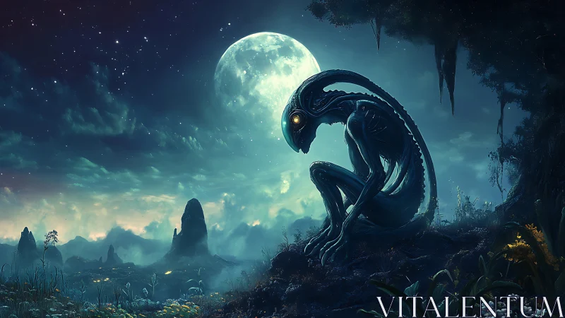 Bioluminescent alien sentinel crouches under a spectral full moon