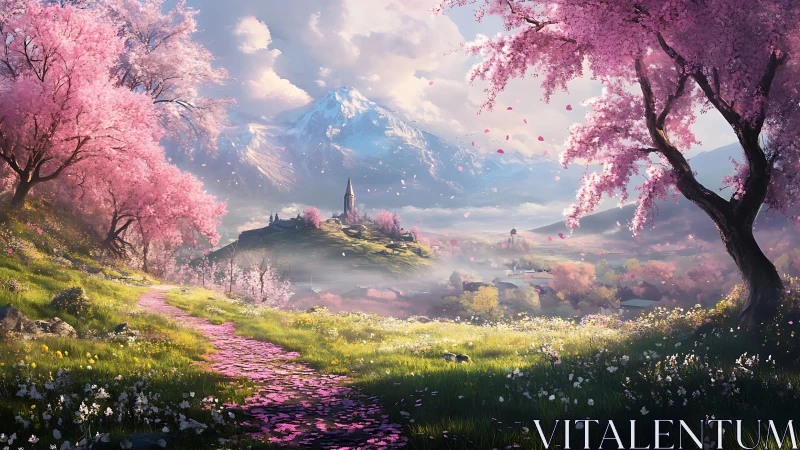 Luminous alpine valley with sakura path and distant spire church.