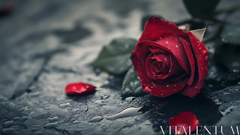 Red rose with water droplets on dark surface