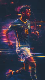 Brazilian footballer in motion with vivid neon light streaks