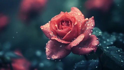 Coral rose bloom covered in morning dew droplets on teal background.