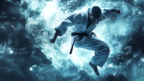 Dynamic karate jump kick amid cyan energy particle vortex