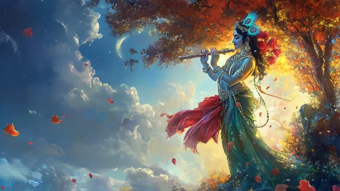 Flute-born starlight drifts between autumn trees and clouds