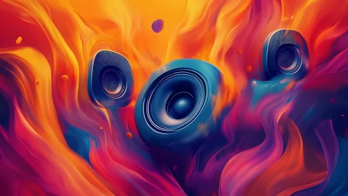 Vibrant speakers dancing in swirling waves of glowing sound.